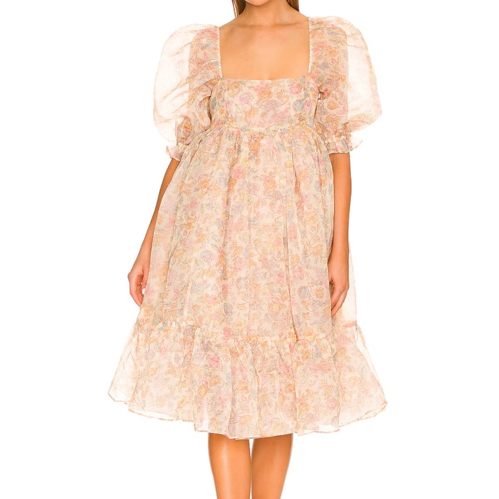Selkie Pink Floral Puff-Sleeve Midi Dress